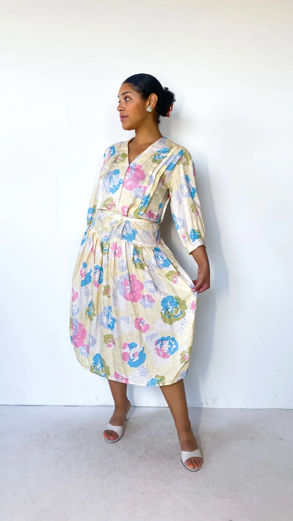 1980s Pastel Floral Belted Silk Dress, sz. M