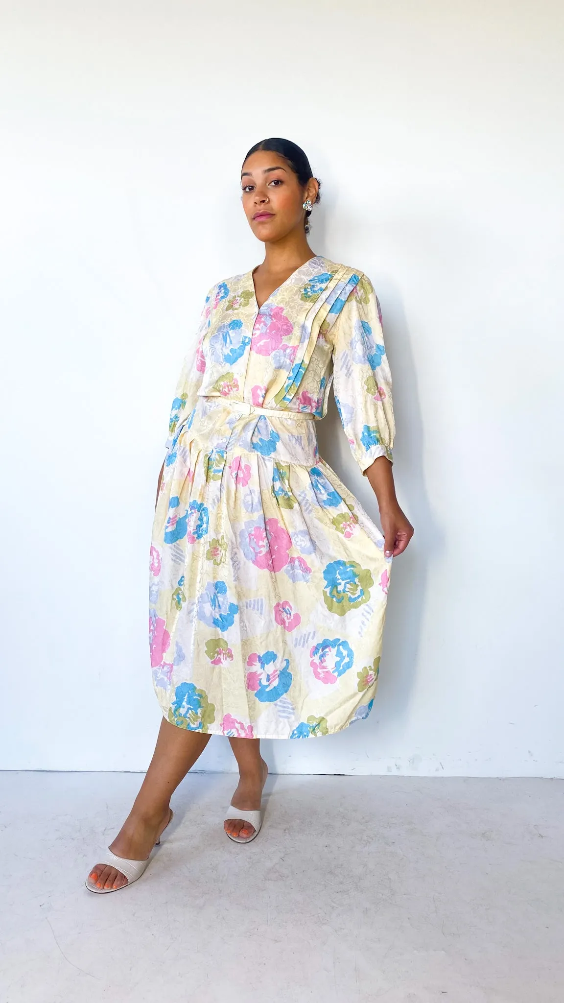 1980s Pastel Floral Belted Silk Dress, sz. M