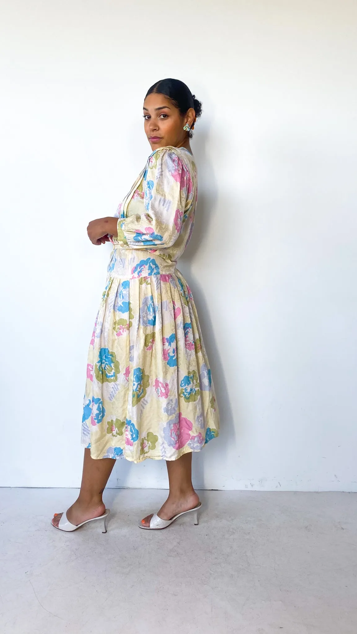 1980s Pastel Floral Belted Silk Dress, sz. M