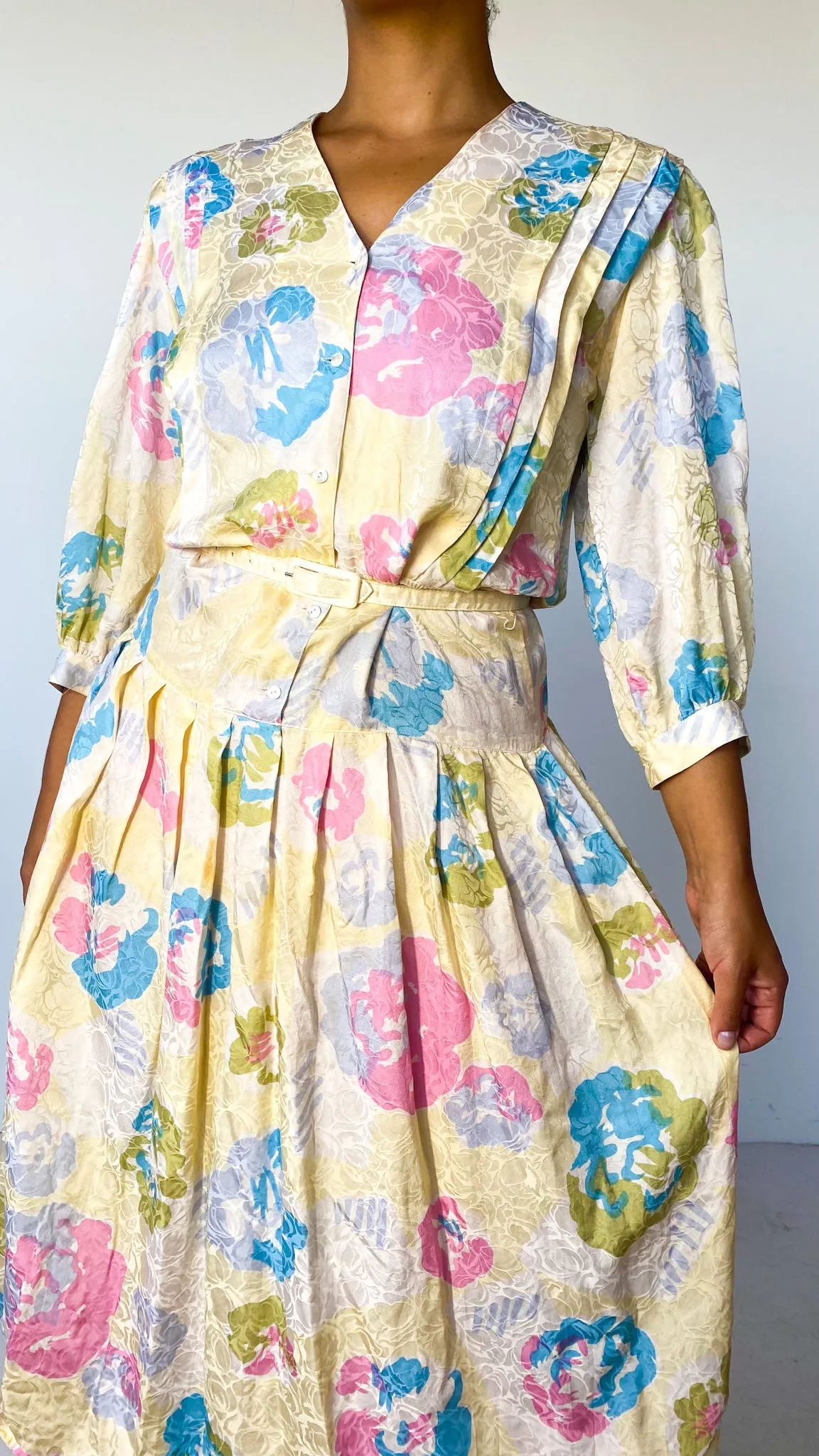 1980s Pastel Floral Belted Silk Dress, sz. M