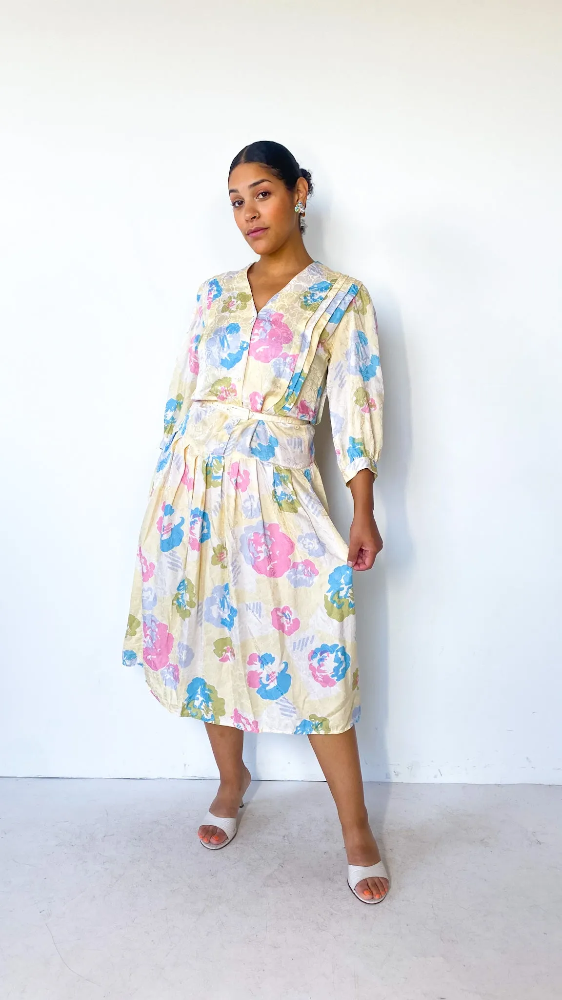 1980s Pastel Floral Belted Silk Dress, sz. M