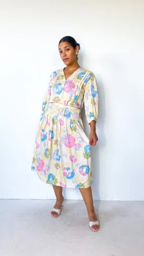 1980s Pastel Floral Belted Silk Dress, sz. M