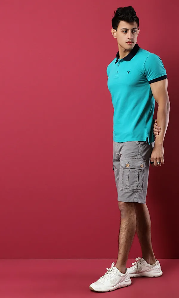39407 Pique Buttoned Neck Basic Polo Shirt - Light Sea Green