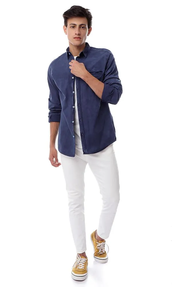 49353 Solid Buttoned Elegant Shirt Navy Blue