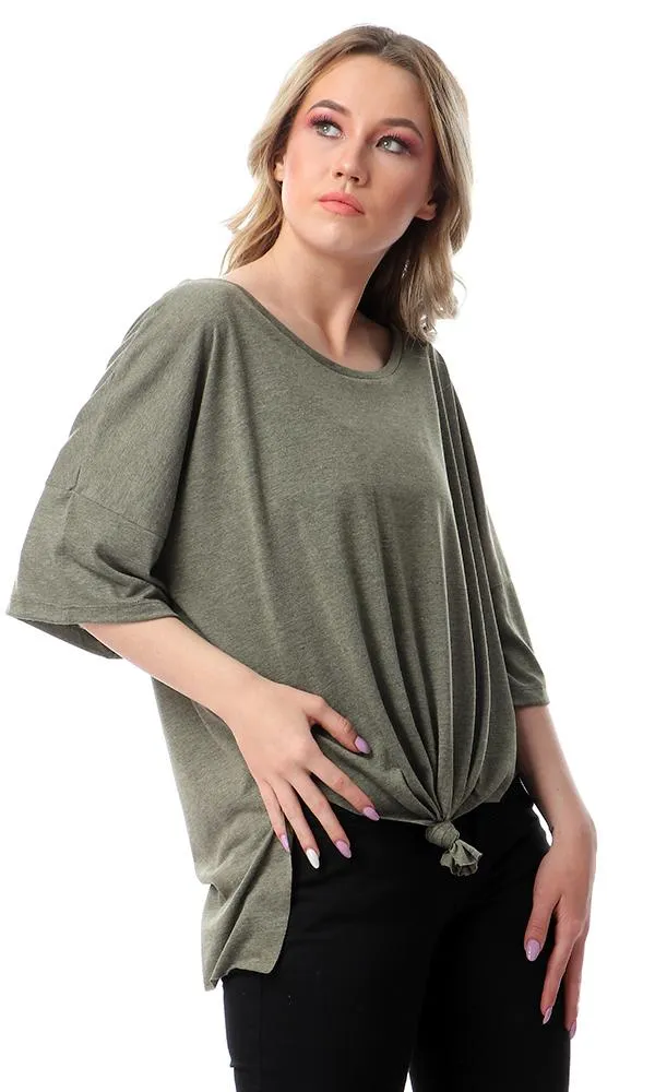 57173 Loose Fit Front-Tie Heather Olive T-Shirt