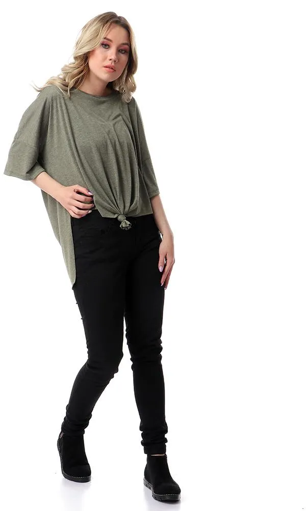 57173 Loose Fit Front-Tie Heather Olive T-Shirt