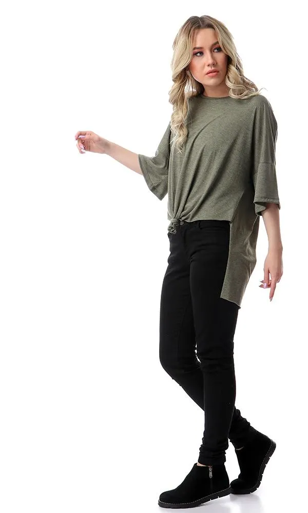 57173 Loose Fit Front-Tie Heather Olive T-Shirt