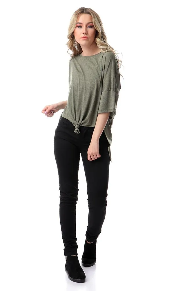 57173 Loose Fit Front-Tie Heather Olive T-Shirt