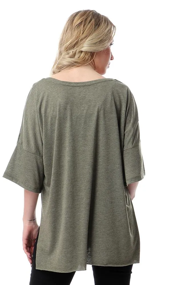 57173 Loose Fit Front-Tie Heather Olive T-Shirt