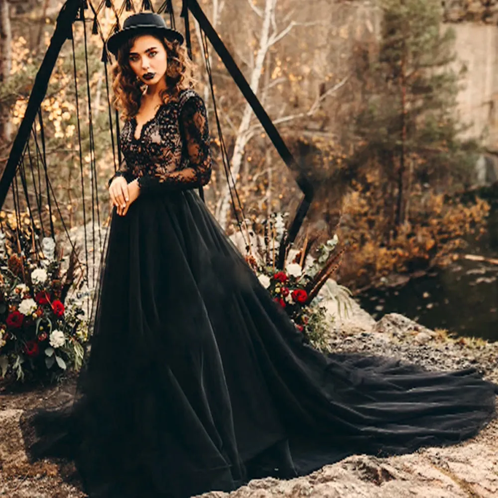 A Line Black Tulle Prom Dress Long Sleeve V Neck Evening Dress FR008