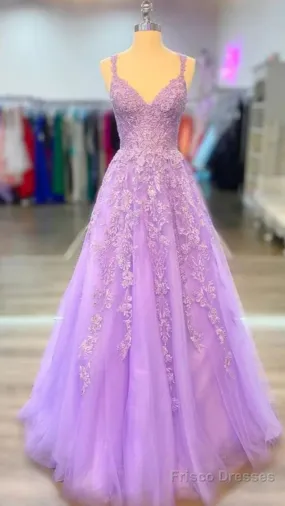 A-Line Lilac Tulle  Prom Dresses Violet V-Neck Formal Evening Dresses Uk