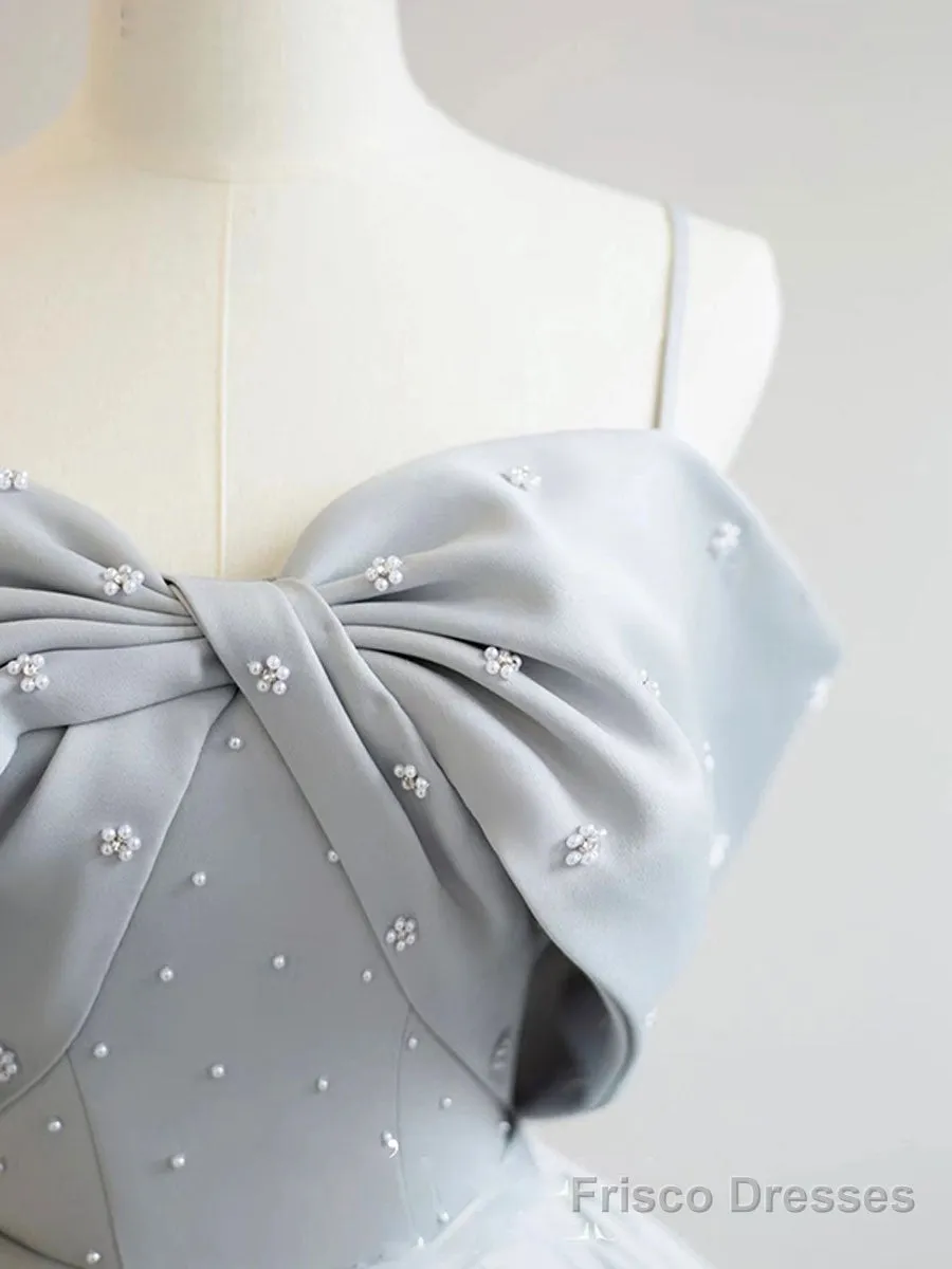 A-Line Satin Gray Long Prom Dresses, Gray Long Formal Dresses