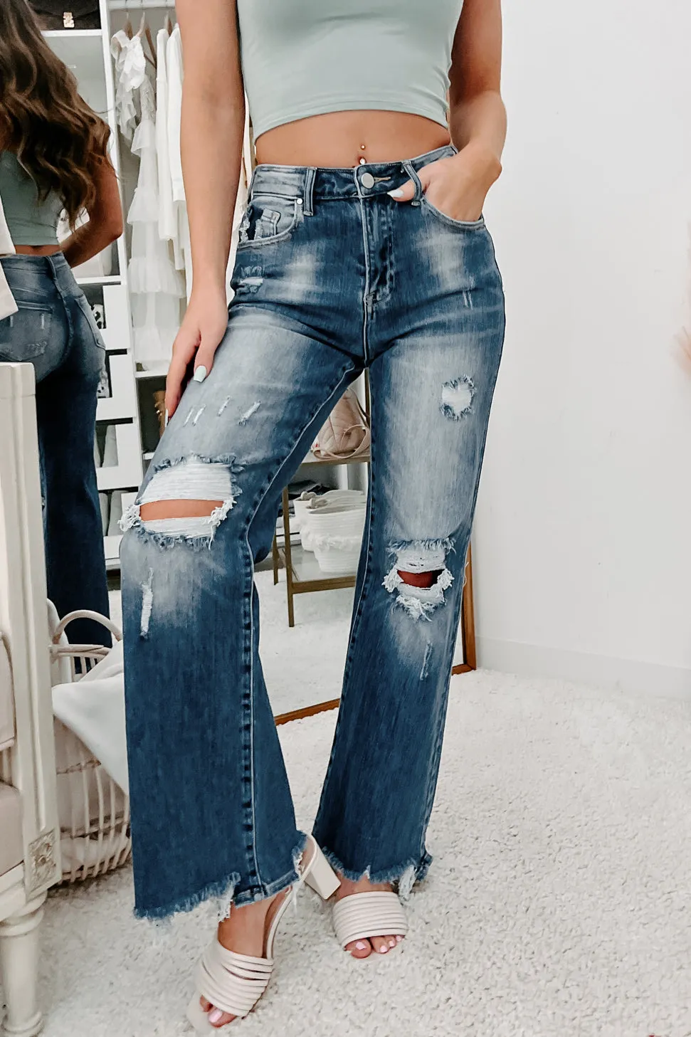 Absolutely Certain High-Waisted Distressed Wide Leg Jeans - Dark Wash Risen Style