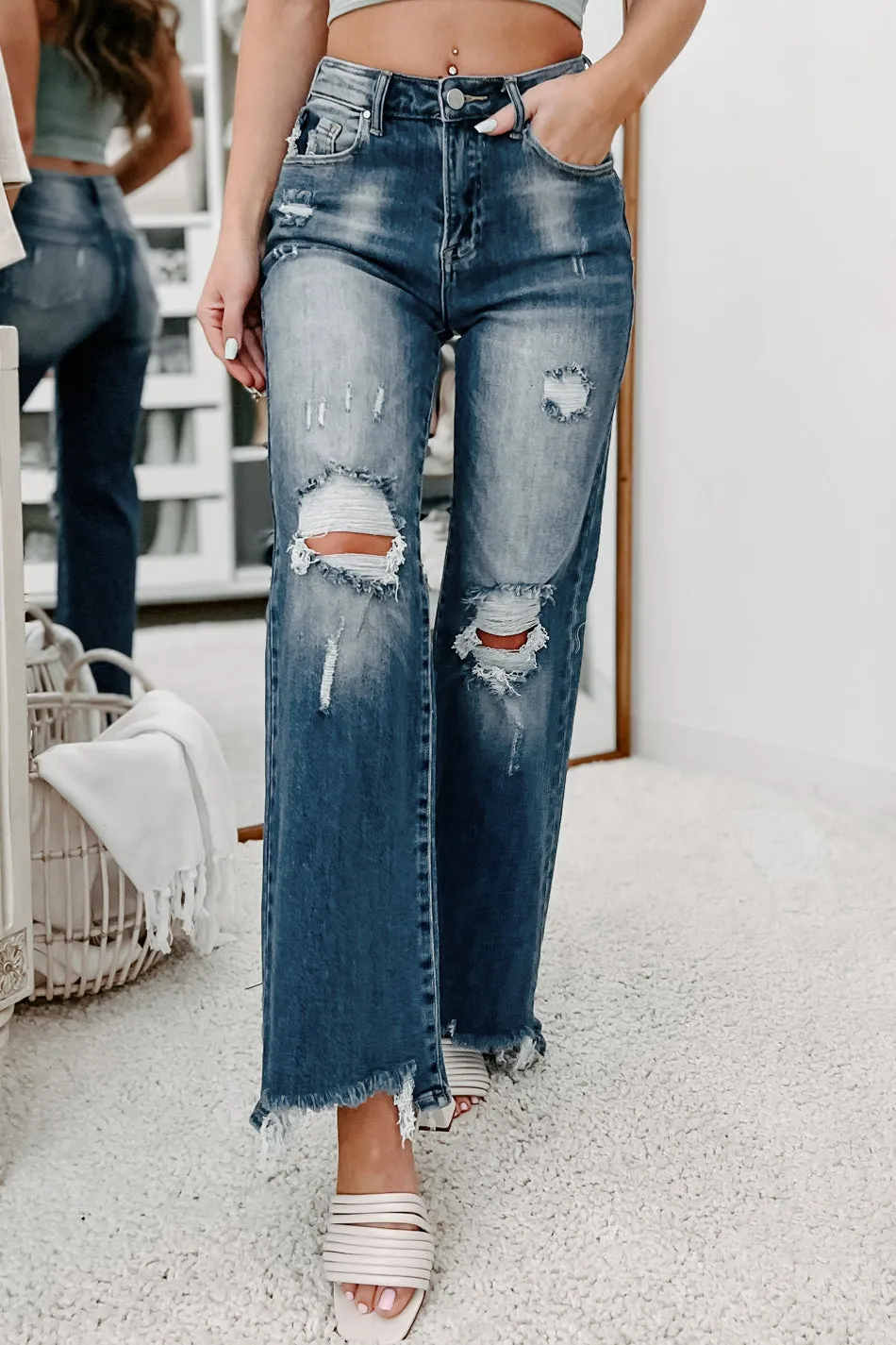 Absolutely Certain High-Waisted Distressed Wide Leg Jeans - Dark Wash Risen Style