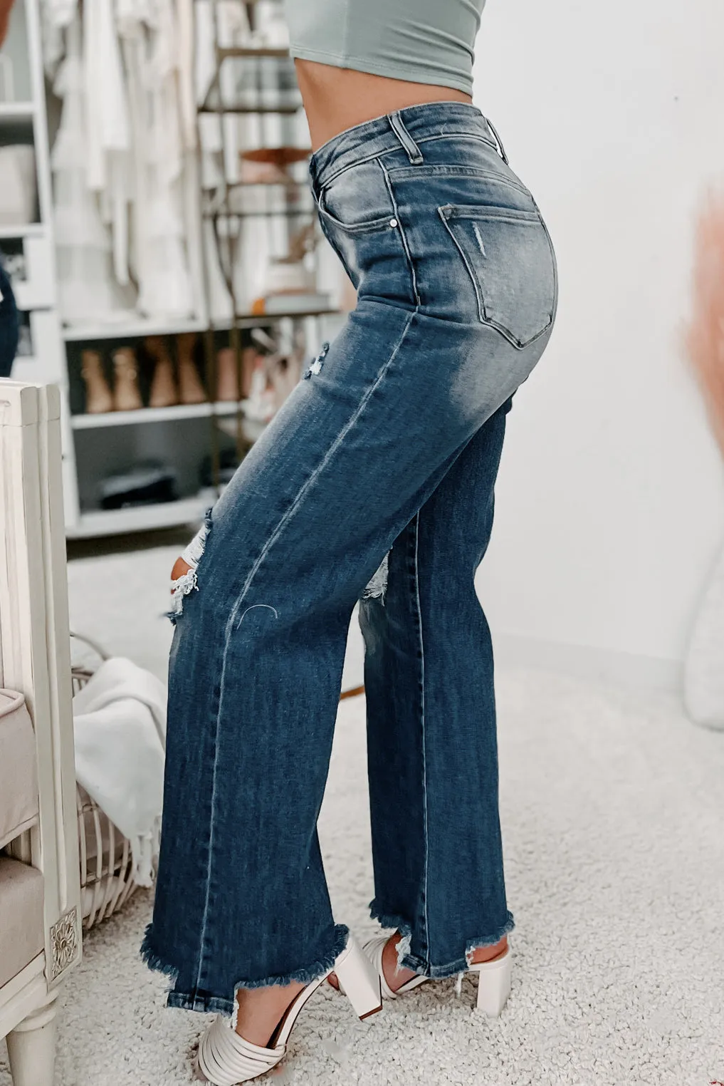 Absolutely Certain High-Waisted Distressed Wide Leg Jeans - Dark Wash Risen Style