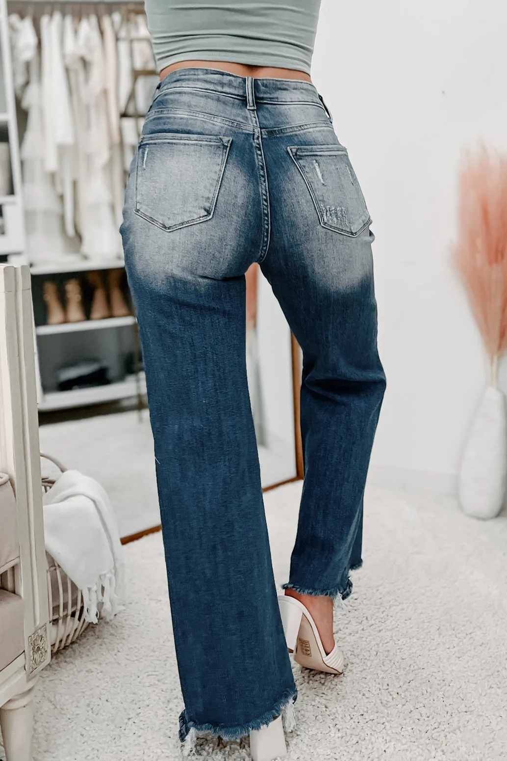 Absolutely Certain High-Waisted Distressed Wide Leg Jeans - Dark Wash Risen Style