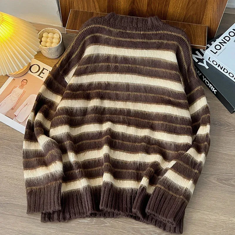 ADVBRIDGE Fashion Stripe Knitted Sweater for Man Autumn Winter O-Neck Long Sleeve Loose Sweaters Male High Street Warmth Pullover Top B60