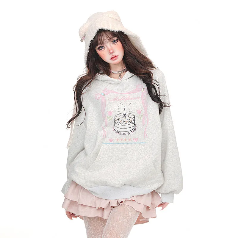 American Sweet Girl Style Birthday Cake Print Oversize Sweatshirt