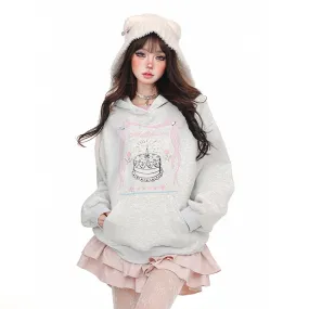 American Sweet Girl Style Birthday Cake Print Oversize Sweatshirt