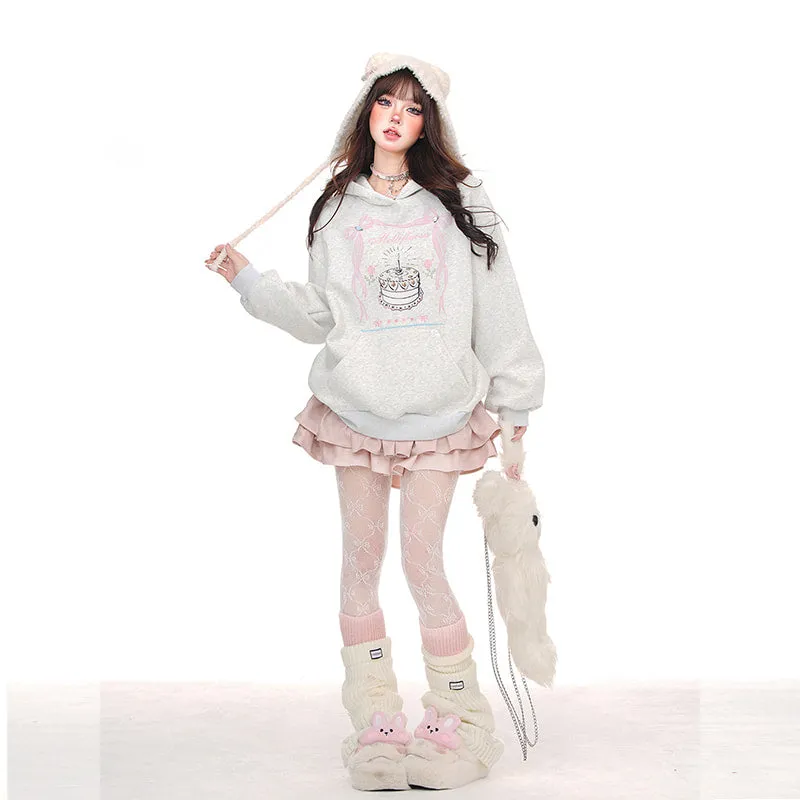 American Sweet Girl Style Birthday Cake Print Oversize Sweatshirt