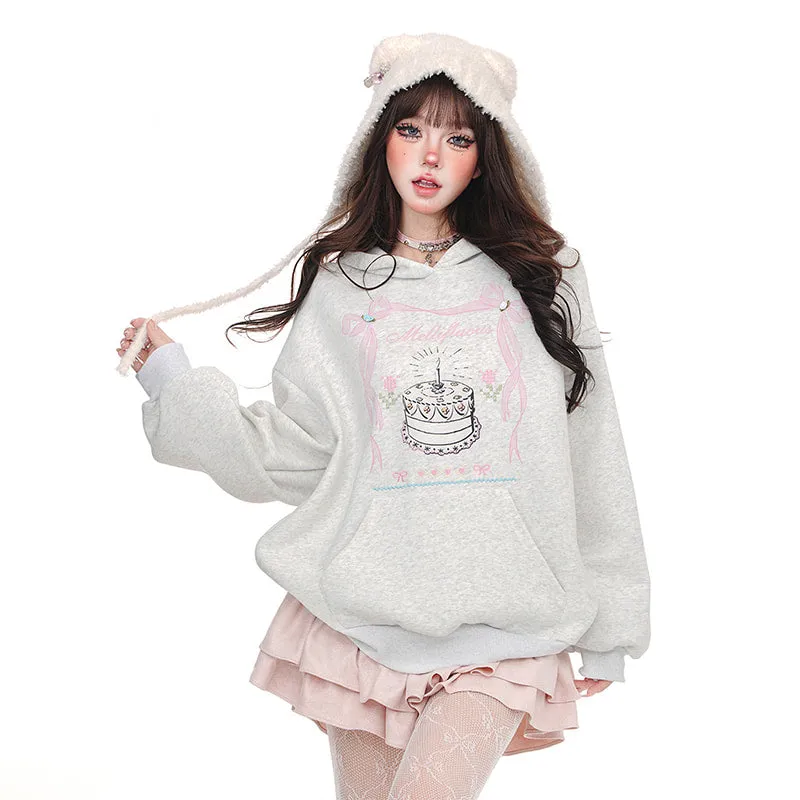 American Sweet Girl Style Birthday Cake Print Oversize Sweatshirt