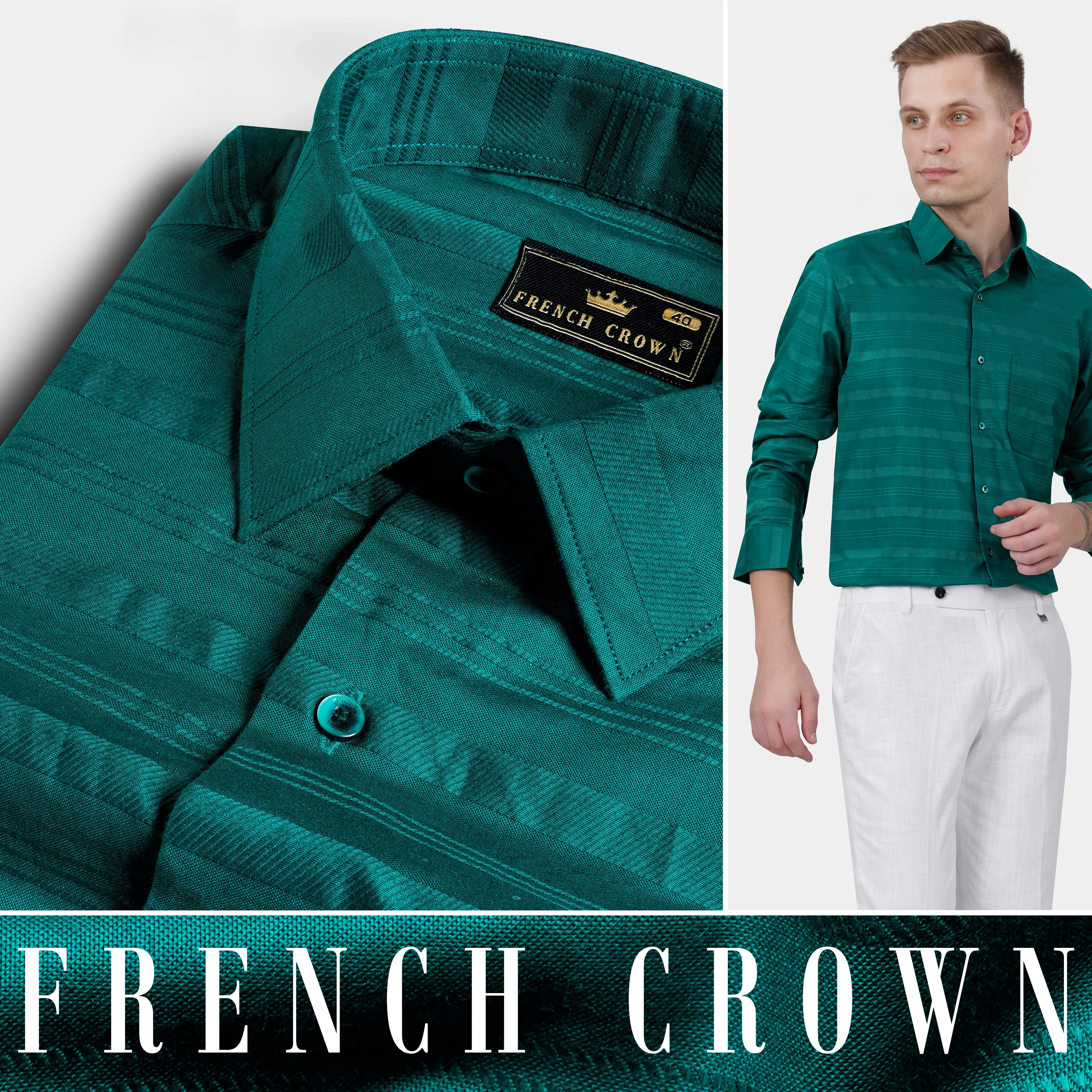 Aqua Green Striped Dobby Textured Premium Giza Cotton Shirt