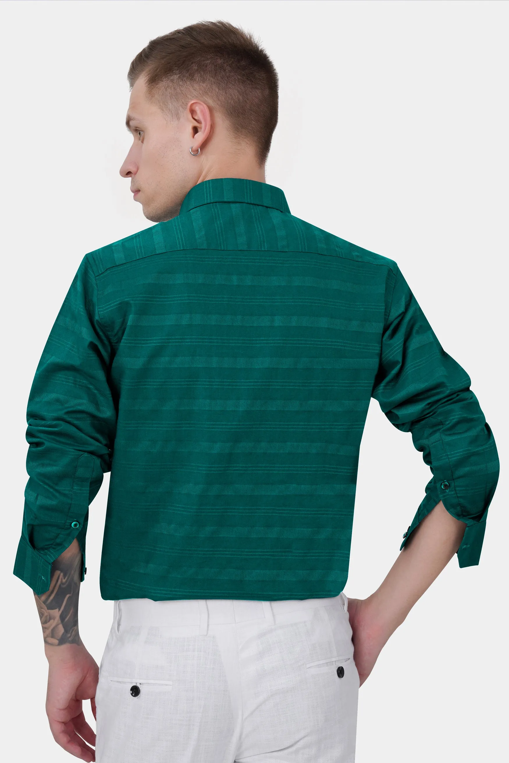Aqua Green Striped Dobby Textured Premium Giza Cotton Shirt