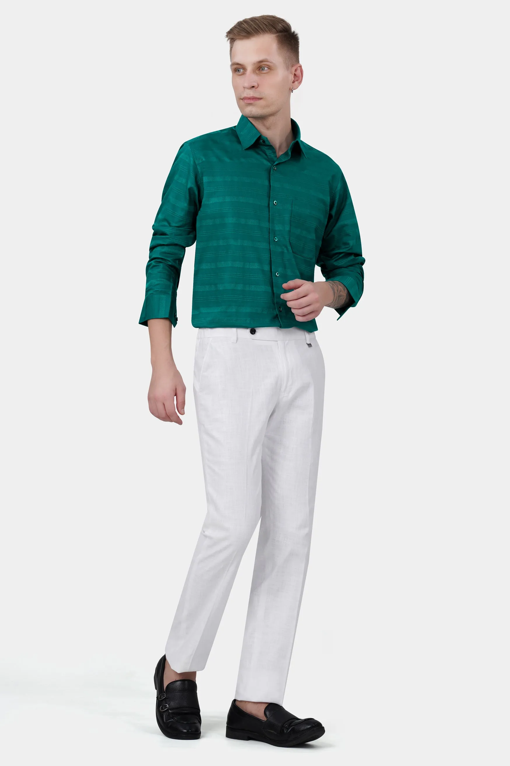 Aqua Green Striped Dobby Textured Premium Giza Cotton Shirt