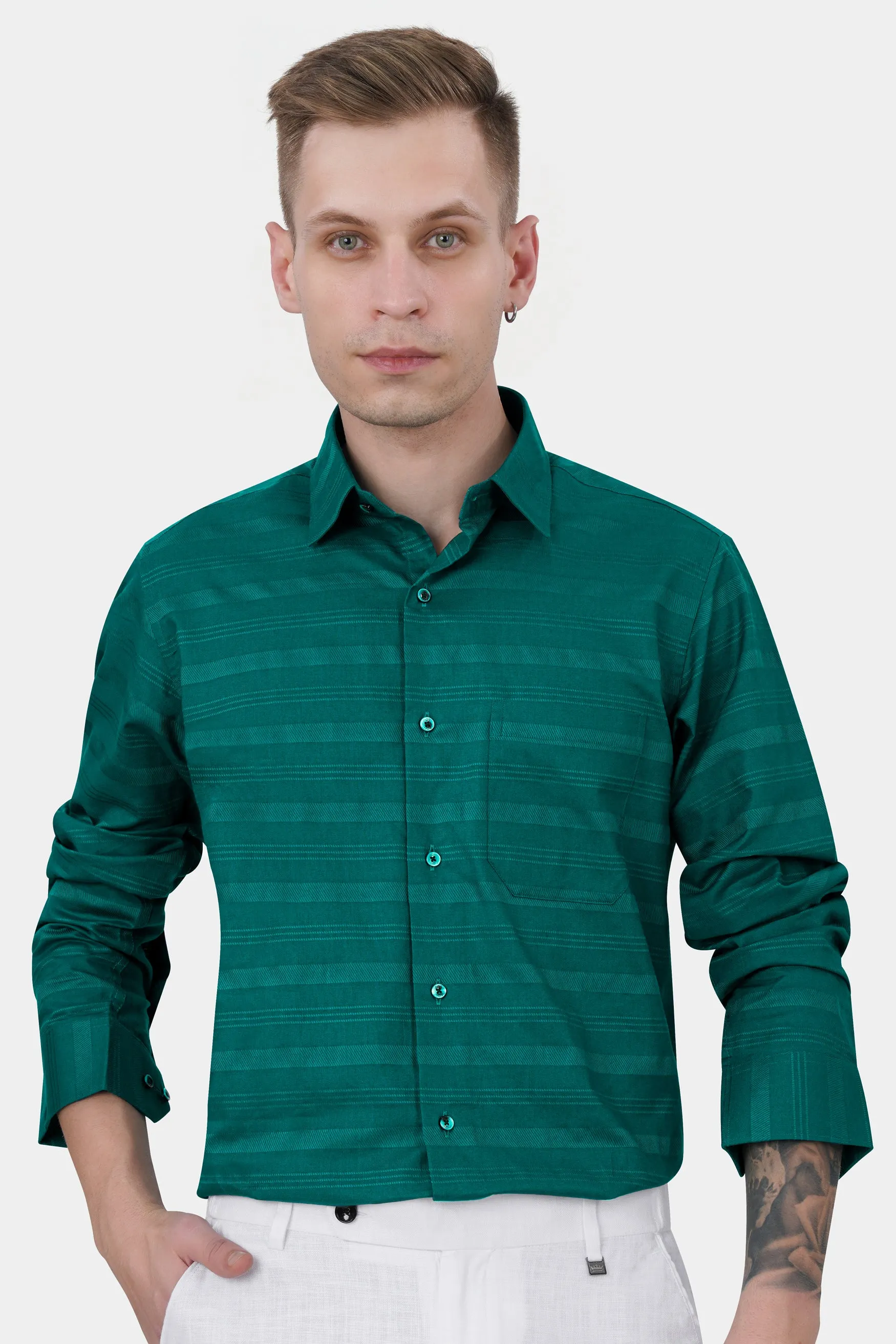 Aqua Green Striped Dobby Textured Premium Giza Cotton Shirt