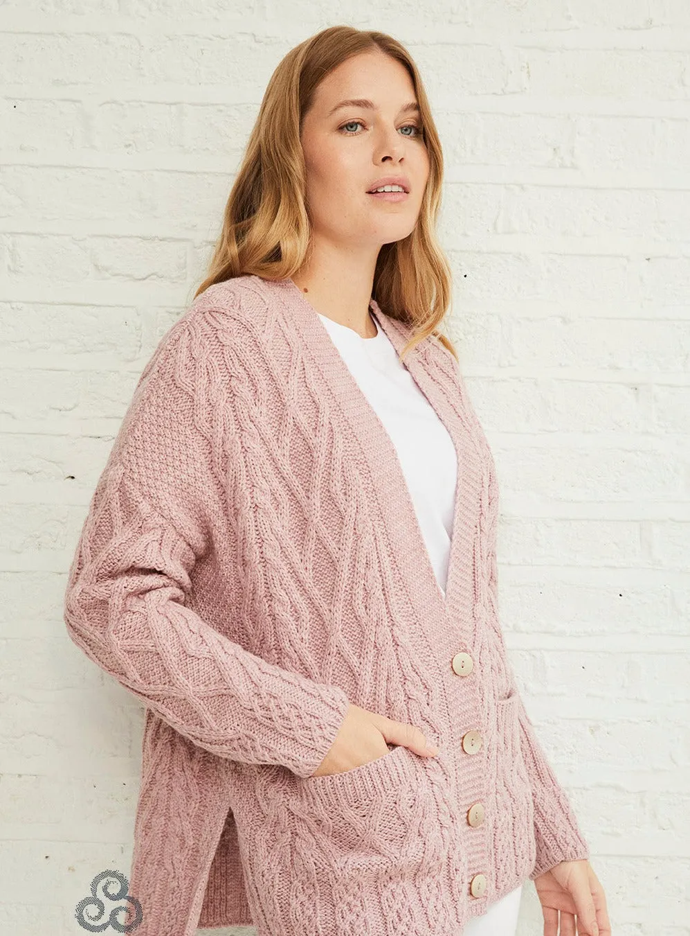 Aran - Vented box Cardigan with Buttons and trellis - Pink