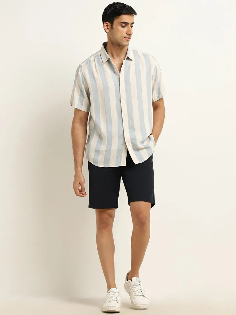 Ascot Blue Stripe Print Blended Linen Relaxed-Fit Shirt