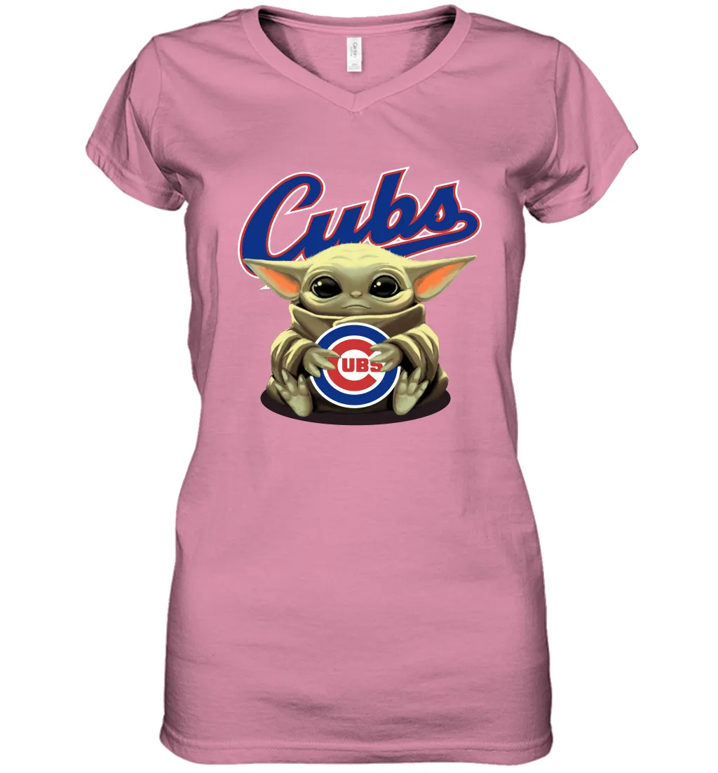 Baby Yoda Hugs Loves The Chicago Cubs Baseball Womens V-Neck T-Shirt