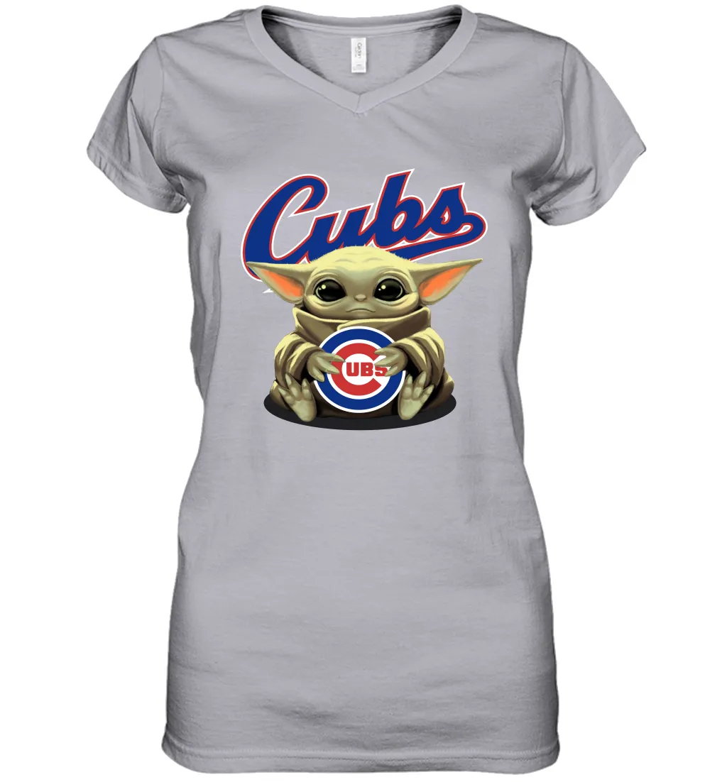 Baby Yoda Hugs Loves The Chicago Cubs Baseball Womens V-Neck T-Shirt