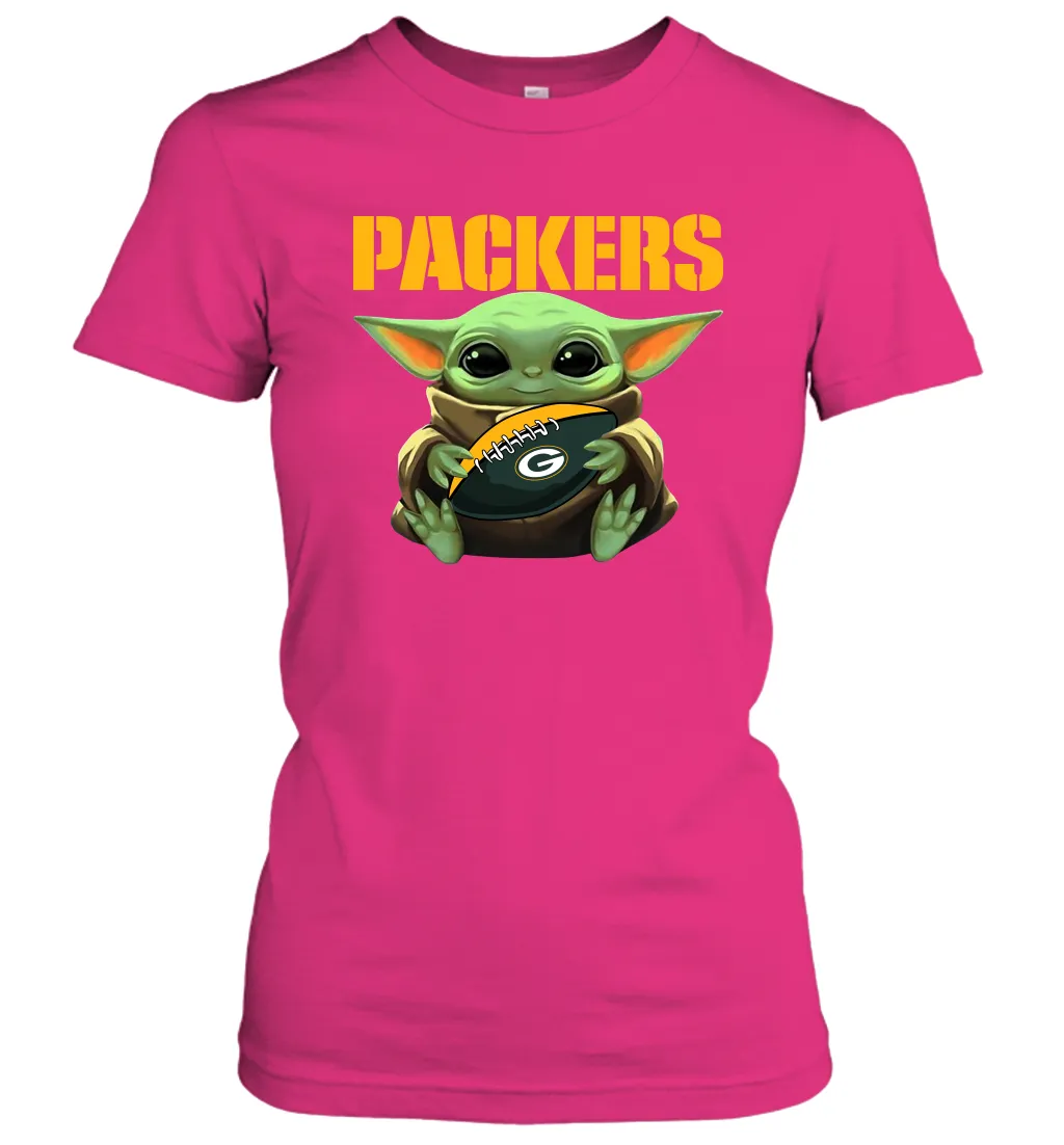 Baby Yoda Loves The Green Bay Packers Star Wars Baby Yoda Hugs Packers NFL Womens T-Shirt