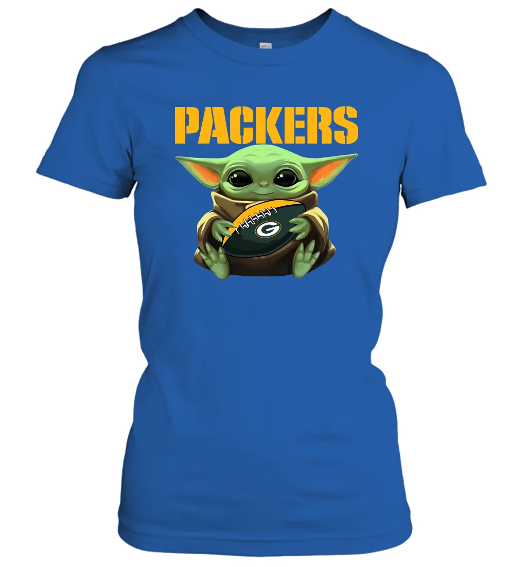 Baby Yoda Loves The Green Bay Packers Star Wars Baby Yoda Hugs Packers NFL Womens T-Shirt