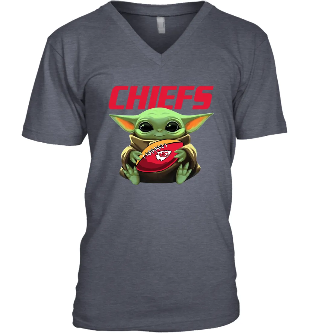 Baby Yoda Loves The Kansas City Chiefs Star Wars Baby Yoda Hugs Chiefs NFL Mens V-Neck T-Shirt