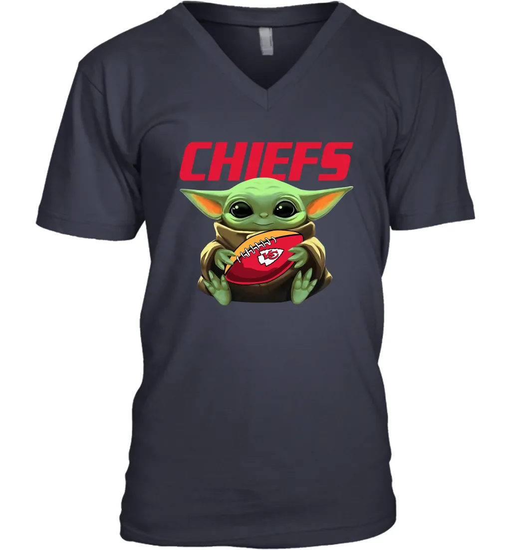 Baby Yoda Loves The Kansas City Chiefs Star Wars Baby Yoda Hugs Chiefs NFL Mens V-Neck T-Shirt