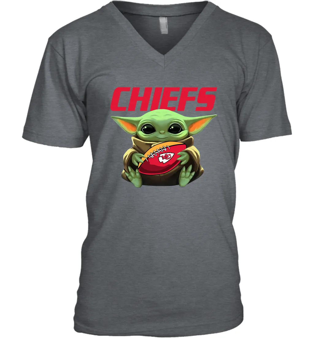 Baby Yoda Loves The Kansas City Chiefs Star Wars Baby Yoda Hugs Chiefs NFL Mens V-Neck T-Shirt