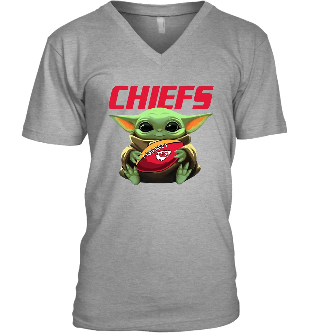 Baby Yoda Loves The Kansas City Chiefs Star Wars Baby Yoda Hugs Chiefs NFL Mens V-Neck T-Shirt