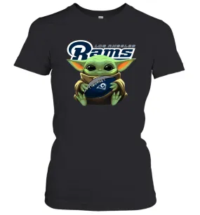 Baby Yoda Loves The Los Angeles Rams Star Wars Baby Yoda Hugs Rams NFL Womens T-Shirt