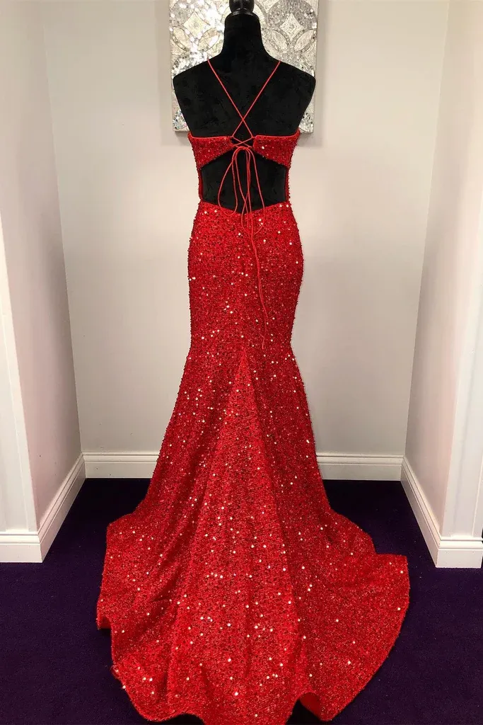 Backless Mermaid Burgundy Sequins Long Prom Dress, Mermaid Burgundy Formal Dress, Burgundy Evening Dress Y350