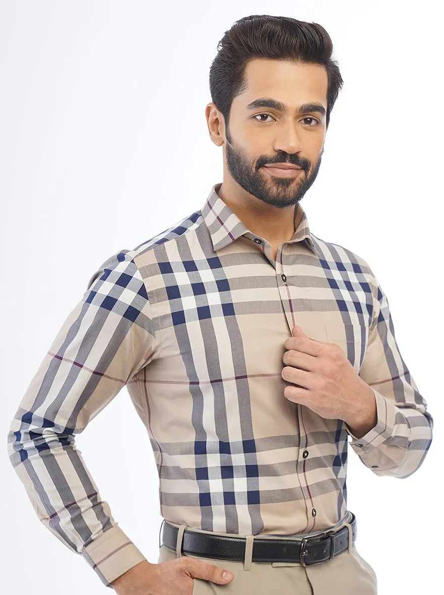 Beige Checked Slim Fit Formal Shirt | Metal