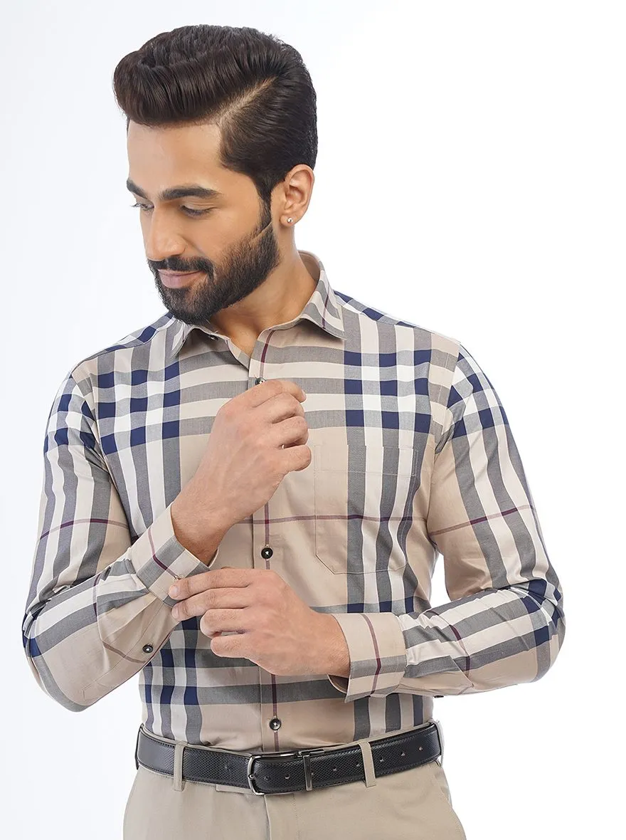 Beige Checked Slim Fit Formal Shirt | Metal