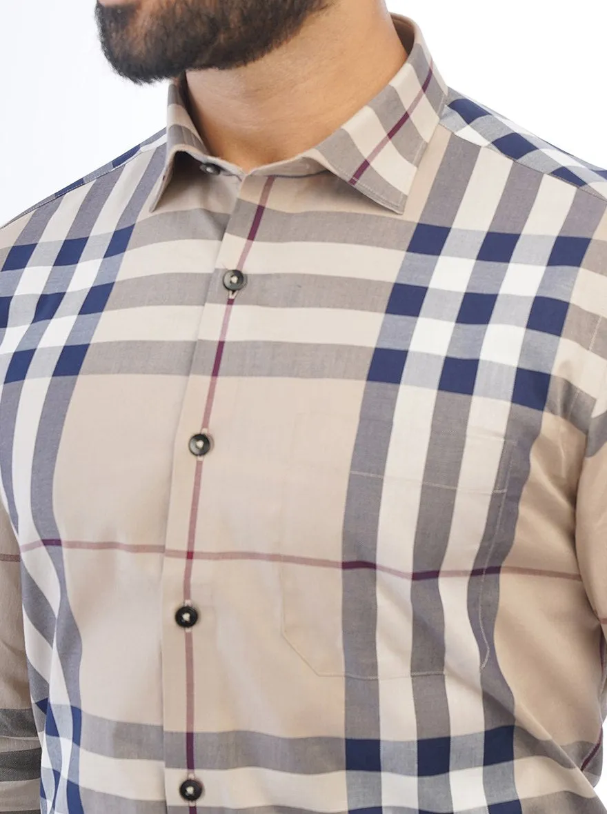 Beige Checked Slim Fit Formal Shirt | Metal