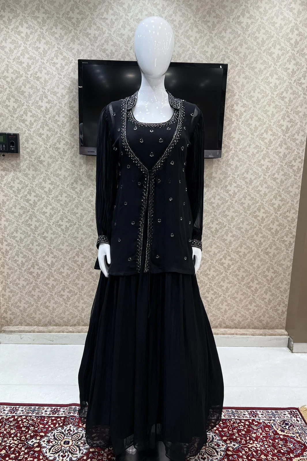 Black Beads and Sequins work Overcoat Styled Floor Length Anarkali Suit