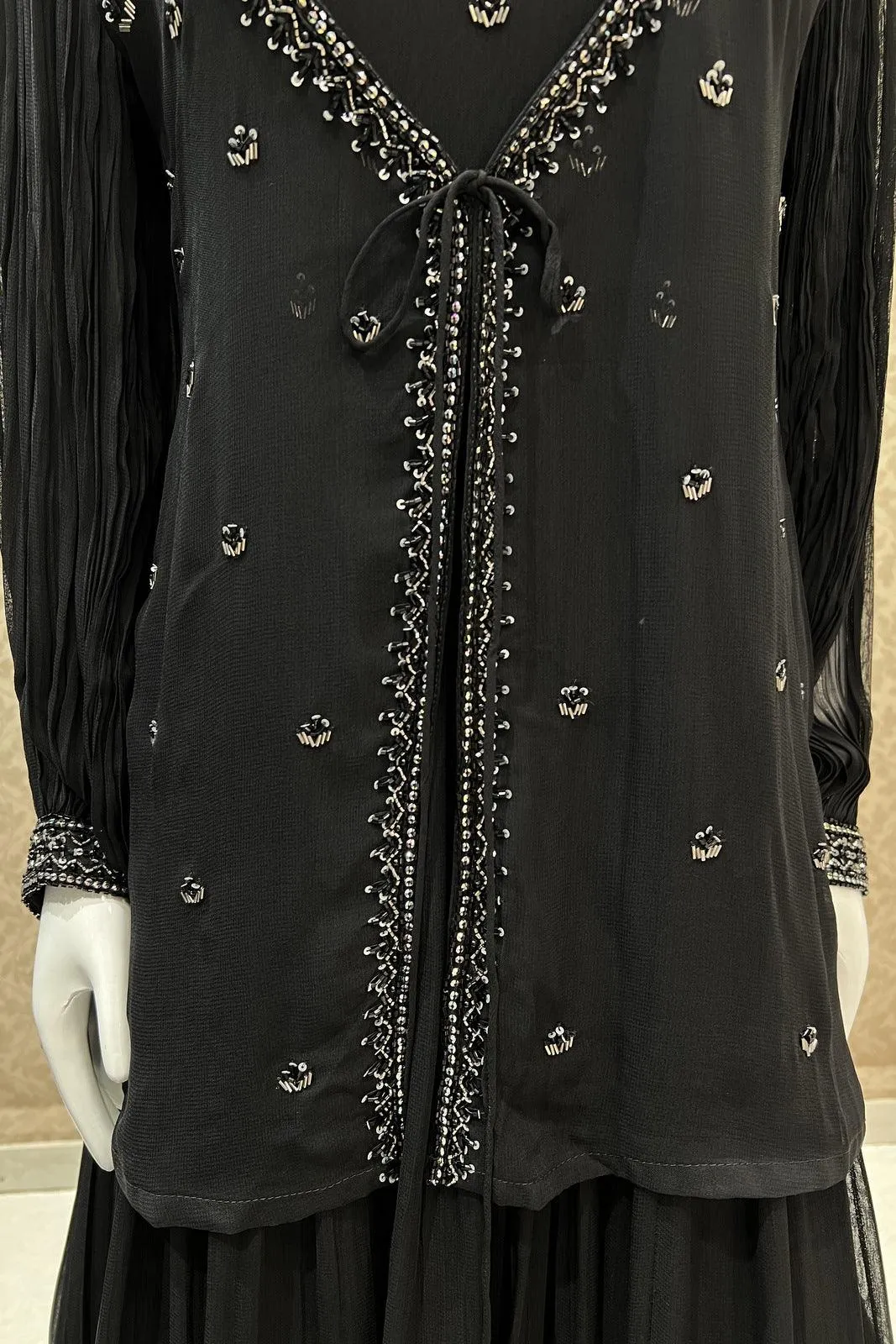 Black Beads and Sequins work Overcoat Styled Floor Length Anarkali Suit