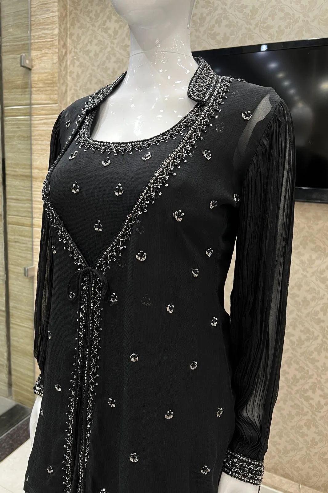 Black Beads and Sequins work Overcoat Styled Floor Length Anarkali Suit