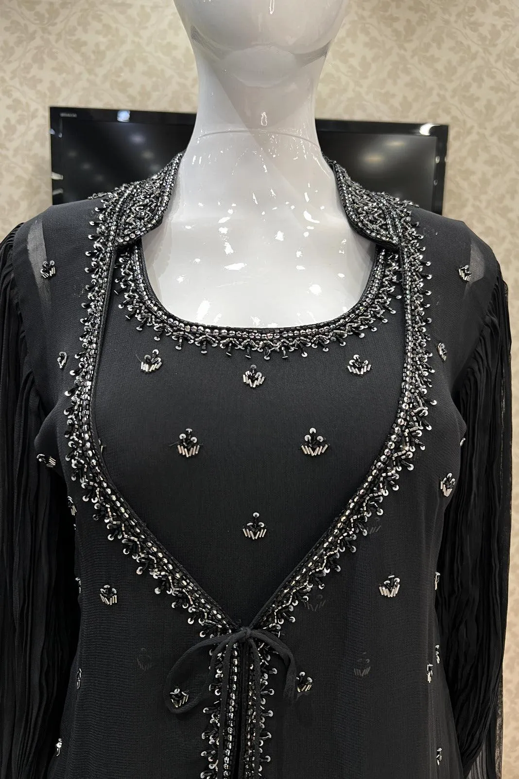 Black Beads and Sequins work Overcoat Styled Floor Length Anarkali Suit