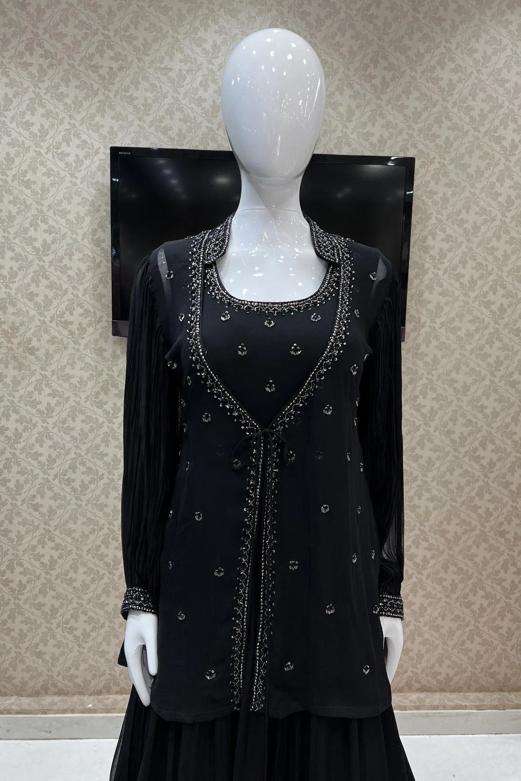 Black Beads and Sequins work Overcoat Styled Floor Length Anarkali Suit