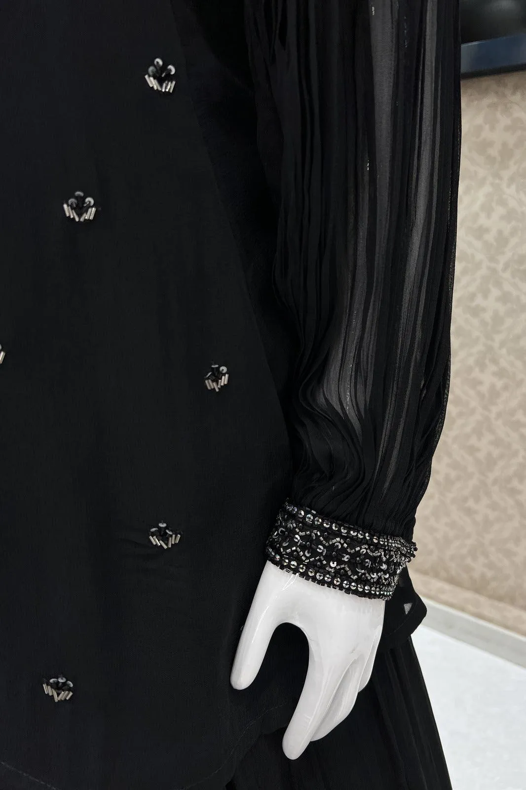 Black Beads and Sequins work Overcoat Styled Floor Length Anarkali Suit